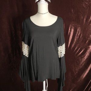 Elan Bell Sleeve Black Top with Crochet Detail Sz M